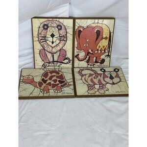 Set Of (4) Vintage ~ LS Muldowney ~ Wall Plaques Lion / Elephant / Tiger /Turtle